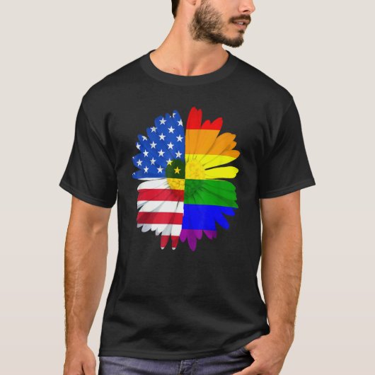 プライドLGBTデイジーハートレインボーアメリカン国旗の花 Tシャツ (正面)