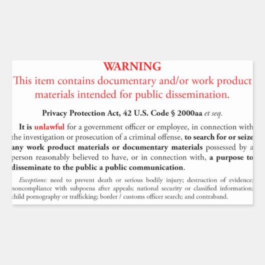 プライバシー保護法ステッカー、白い四角形 長方形シール (正面)