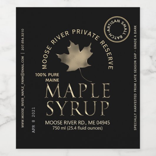 プライベートリザーブメープルシロップ黒と金ゴールドリーフ ワインラベル (シングルラベル)