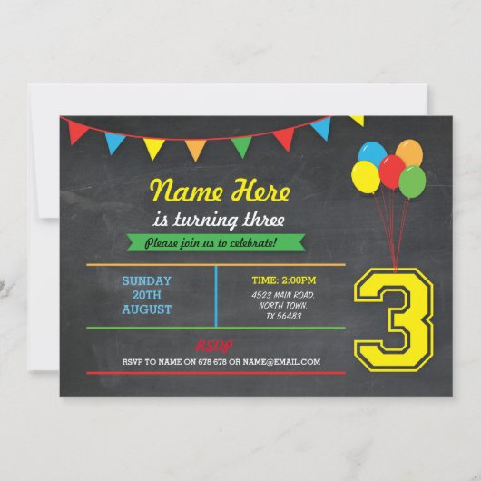 プライマリカラー誕生日ガールズボーイズ3番招待状 招待状 (正面)