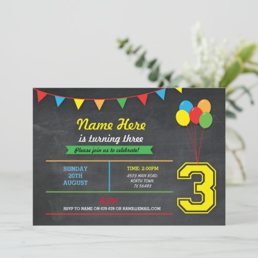 プライマリカラー誕生日ガールズボーイズ3番招待状 招待状 (スタンド正面)