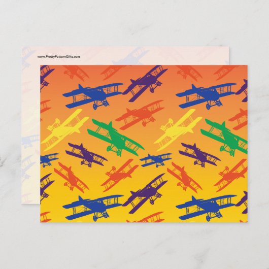 プライマリカラー ヴィンテージ複葉機 航空機パターン ポストカード (正面/裏面)