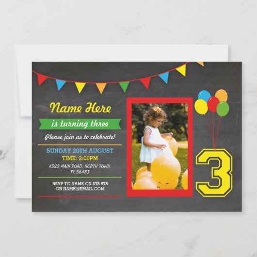 プライマリーカラー誕生日ガールズボーイズ第3写真3枚 招待状 (正面)