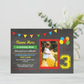 プライマリーカラー誕生日ガールズボーイズ第3写真3枚 招待状 (スタンド正面)