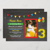 プライマリーカラー誕生日ガールズボーイズ第3写真3枚 招待状 (正面/裏面)