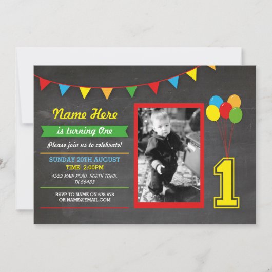 プライマリーカラー誕生日ガールズボーイズ1st One Photo 招待状 (正面)