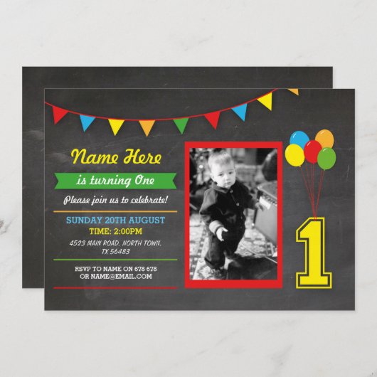 プライマリーカラー誕生日ガールズボーイズ1st One Photo 招待状 (正面/裏面)