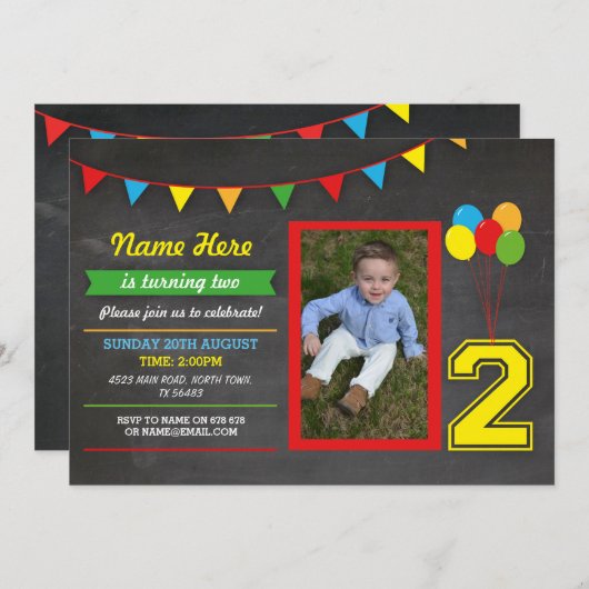 プライマリーカラー誕生日ガールズボーイズ2nd 2枚の写真 招待状 (正面/裏面)
