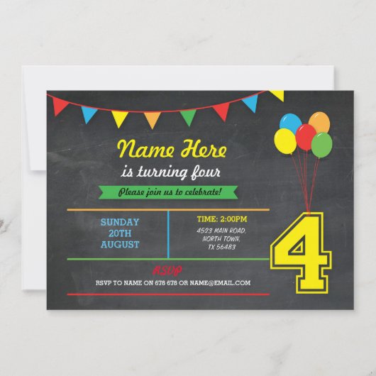 プライマリーカラー誕生日ガールズボーイズ4th招待状 招待状 (正面)