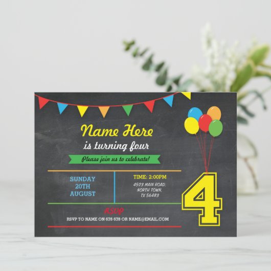 プライマリーカラー誕生日ガールズボーイズ4th招待状 招待状 (スタンド正面)