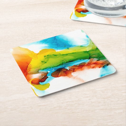 プライマリ梅 – 水彩 スクエアペーパーコースター (アングル)