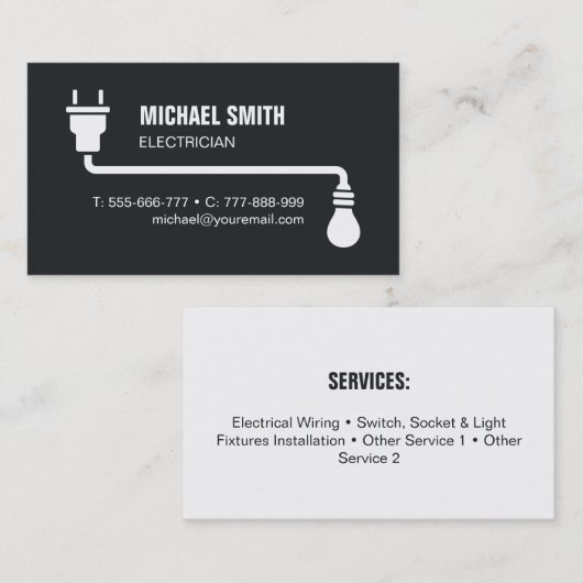 プラグワイヤと電球型電気技師名刺 名刺 (正面/裏面)