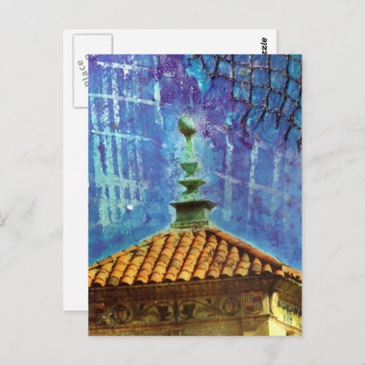 プラザ建物ミックスメディアコラージュ ポストカード (正面/裏面)