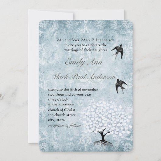 プラシッドブルーダマスクハートリーフアクアツリー 招待状 (正面)