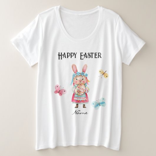 プラスサイズヴィンテージイースターバニー蝶Tシャツ プラスサイズTシャツ (デザイン正面)