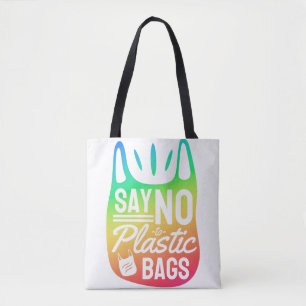 「プラスチックバッグにノーと言う」、地球の日、虹のトート トートバッグ