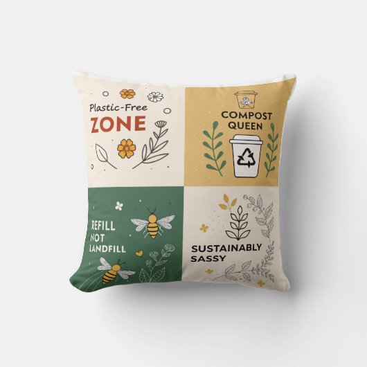 プラスチックフリーゾーン – エコ意識の高いデザイン クッション (正面)