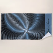 プラスチックブルーグレー3Dフラクタルモダン抽象芸術名 ビーチタオル (正面)