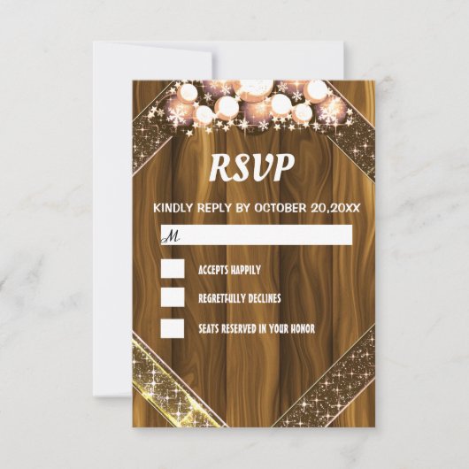 プラスチック木材グリッター金ゴールド明るい電球灯 出欠カード (正面)