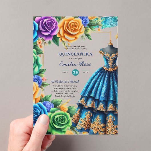 プラスチッ澄んクインフィエスタバタフライブルーグリーン アクリル招待状 (インサイチュ (ポータブル))