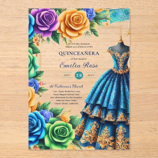 プラスチッ澄んクインフィエスタバタフライブルーグリーン アクリル招待状 (正面)