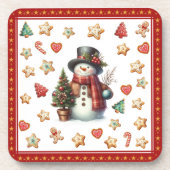 プラスティック コースター 雪だるまとクリスマスクッキー 赤 (正面)