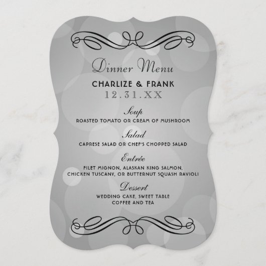 プラチエレガントナグレーとブラック結婚のディナー メニュー (正面)