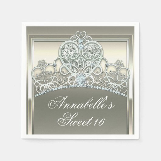 プラチナアイボリープリンセスハートティアラバースデーパーティー スタンダードカクテルナプキン (正面)