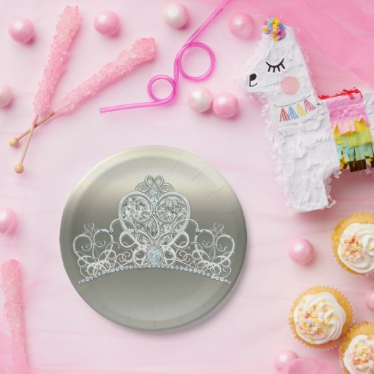 プラチナアイボリープリンセスハートティアラバースデーパーティー ペーパープレート (パーティー)