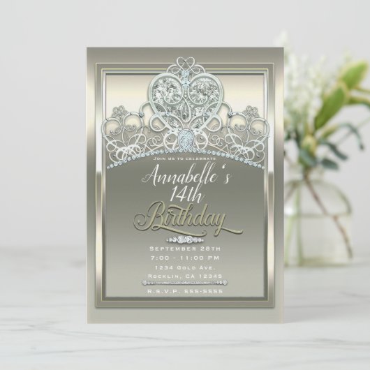 プラチナアイボリープリンセスハートティアラ誕生日パーティー 招待状 (スタンド正面)