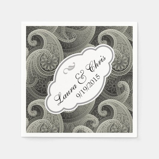プラチナペイズリーエレガントウェディングパーソナライズされた スタンダードカクテルナプキン (正面)