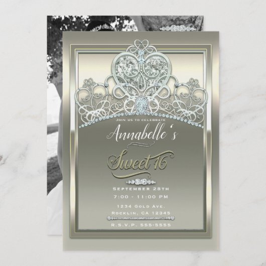 プラチナムアイボリープリンセスハートティアラスイート16パーティー 招待状 (正面/裏面)