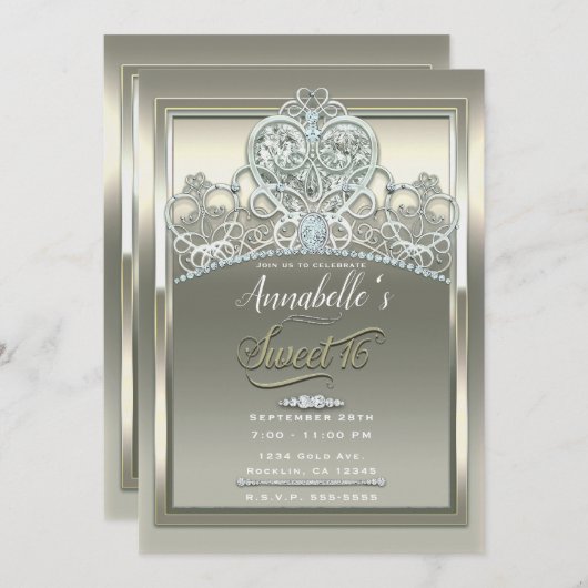 プラチナムアイボリープリンセスハートティアラスイート16パーティー 招待状 (正面/裏面)