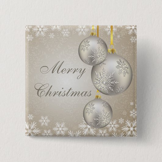 プラチナ金ゴールドのクリスマスの球および雪 缶バッジ (正面)