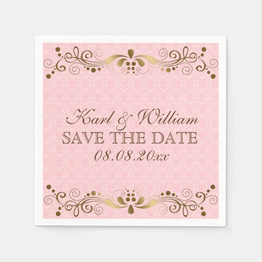 プラッシュピンクダマスク&金ゴールドレース スタンダードカクテルナプキン (正面)