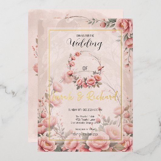 プラッシュピーチピンクシークレットガーデン結婚フローラ 箔招待状 (正面/裏面)