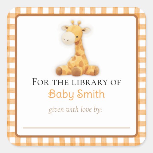 プラッシュ・キリン付きベビーシャワー蔵書票ステッカー スクエアシール (正面)