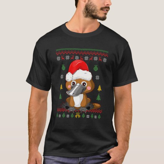 プラティプスクリスマスツリーサンタハット醜いクリスマスダックビ Tシャツ (正面)