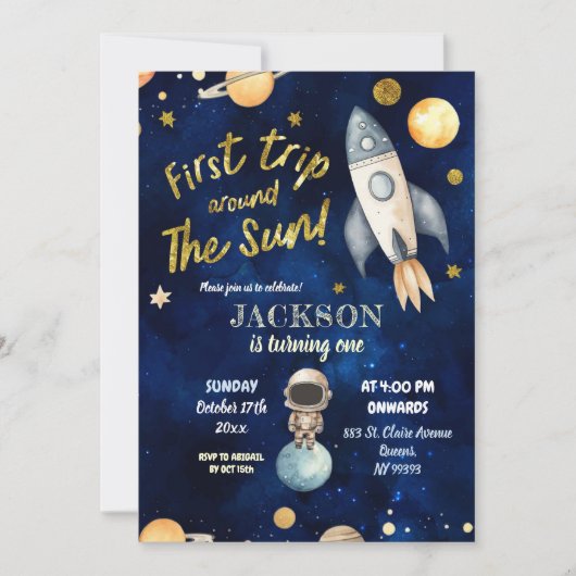 プラネットボーイ宇宙1stトリッのまわりにプザサン誕生日 招待状 (正面)