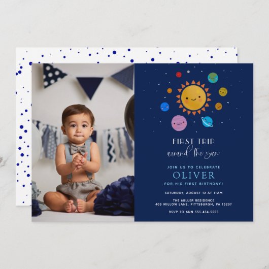プラネット・ファーストのまわりに・トリップ・ザ・サン・フォト誕生日 招待状 (正面/裏面)