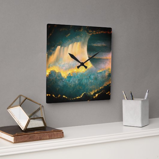 プラネ色彩の鮮やかットスカイアートバイヒバウィバグリーンと金ゴールド スクエア壁時計 (オフィス)