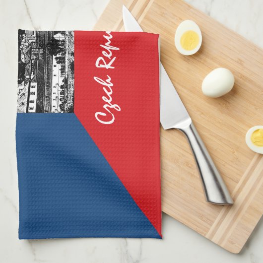 プラハとチェコの国旗-歴史的なチェキア/スポーツ キッチンタオル (四つ折り)