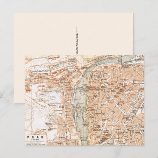 プラハのヴィンテージ地図 ポストカード (正面/裏面)