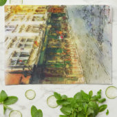 プラハの古い水彩画の通り キッチンタオル (折り畳み)