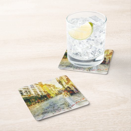 プラハの古い水彩画の通り スクエアペーパーコースター (インサイチュ)