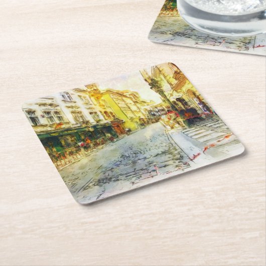 プラハの古い水彩画の通り スクエアペーパーコースター (アングル)