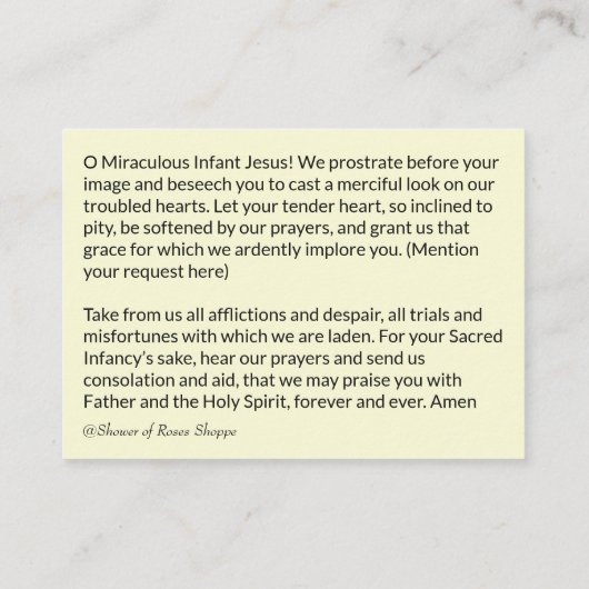 プラハの天使の祈りの言葉の幼児イエス・キリスト 名刺 (裏面)