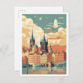 プラハチェコアートヴィンテージトラベルイラストレーション ポストカード (正面/裏面)