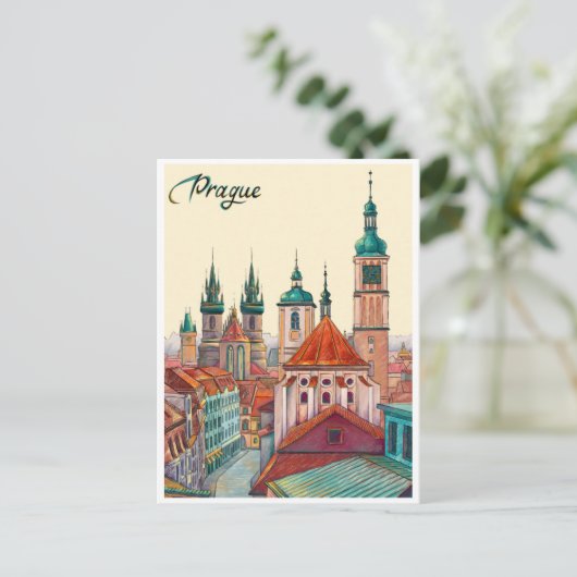 プラハチェコリパブリック旅行ヴィンテージイラストレーション ポストカード (スタンド正面)