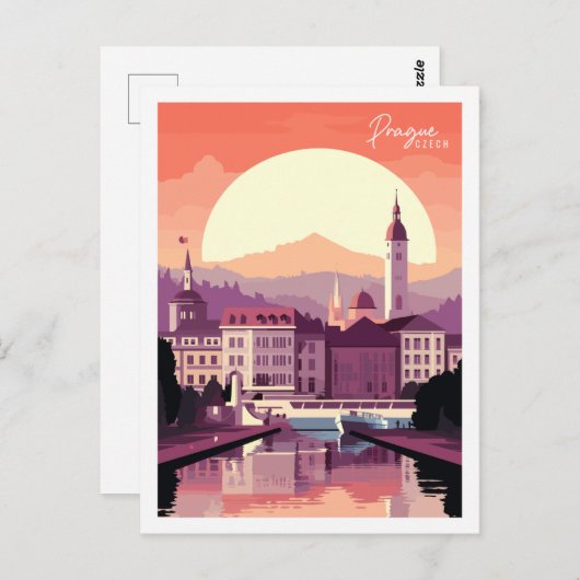 プラハチェコヴィンテージトラベルプレイスイラストレーション ポストカード (正面/裏面)